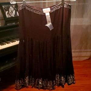 NWT Brown Silk Central Park West skirt beaded size medium pleated MSP 175